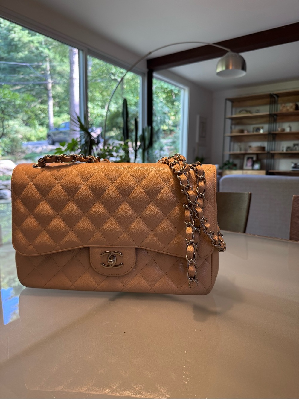 CHANEL Classic Flap Jumbo in Beige Caviar with Silver-Tone Chain
